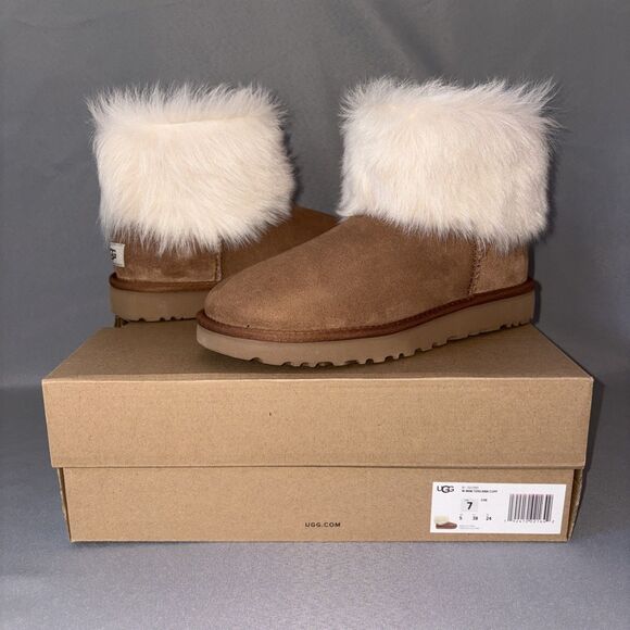 UGG Shoes - UGG Chestnut Suede Ankle Booties with Ivory Fur Cuff